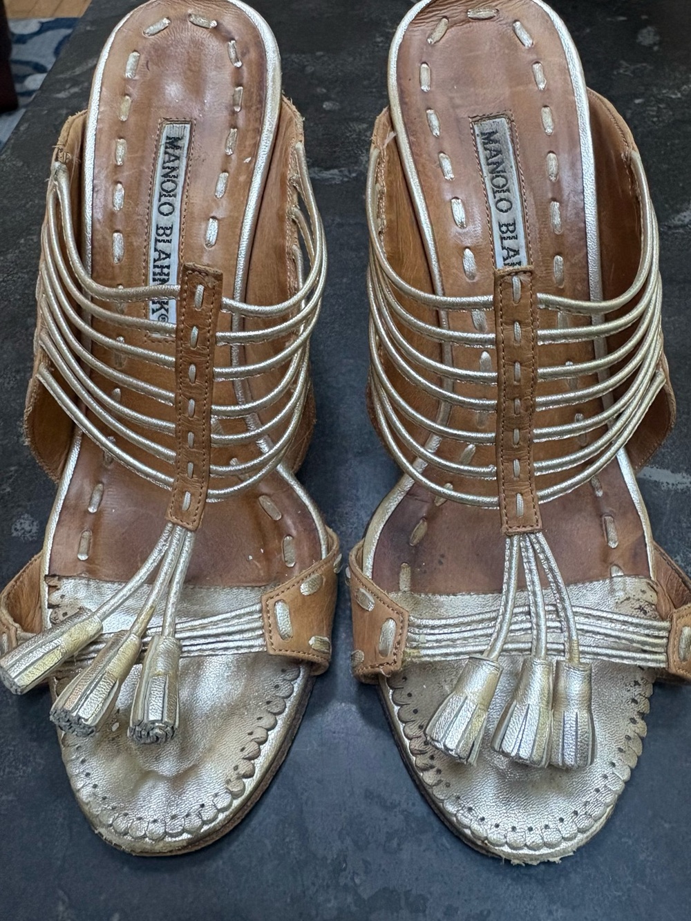 Vintage Y2K Manolo Blahnik Gold and Tan Strappy Leather Slide Sandals